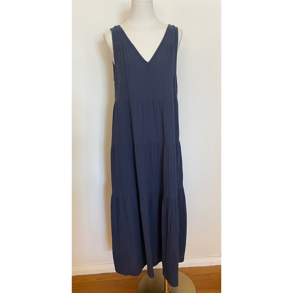 Quince 100% Organic Cotton Gauze Tiered Maxi Dress Indigo Blue Medium - Picture 3 of 10